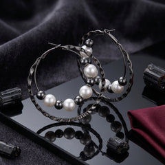 EL ARO Double Hoop Gunmetal Earrings with Pearl & Hematite Beads