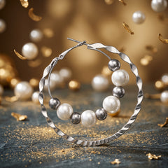 EL ARO Double Hoop Gunmetal Earrings with Pearl & Hematite Beads