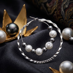 EL ARO Double Hoop Gunmetal Earrings with Pearl & Hematite Beads