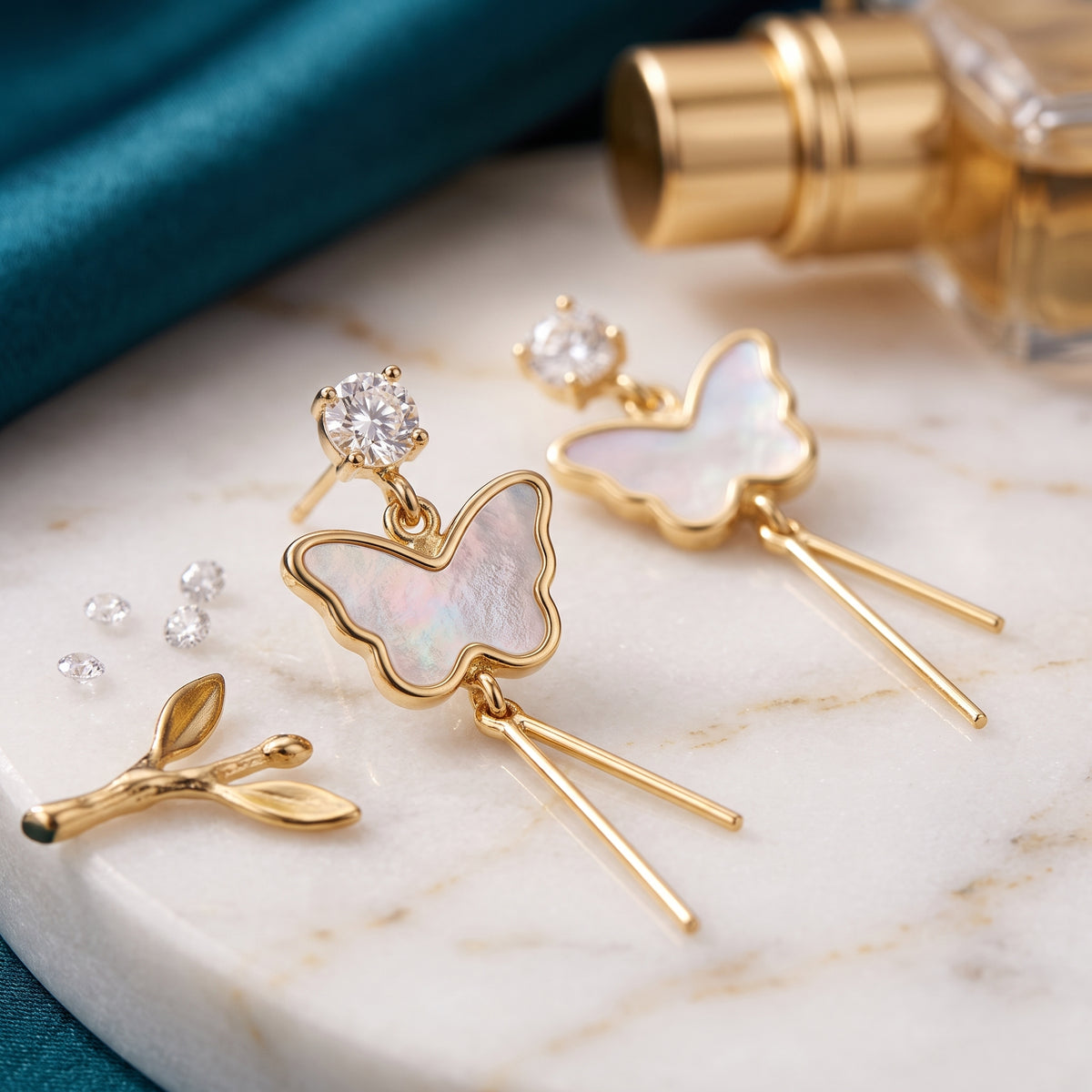 EL ARO Gold Shell Butterfly & CZ Solitaire Tassel Drop Earrings