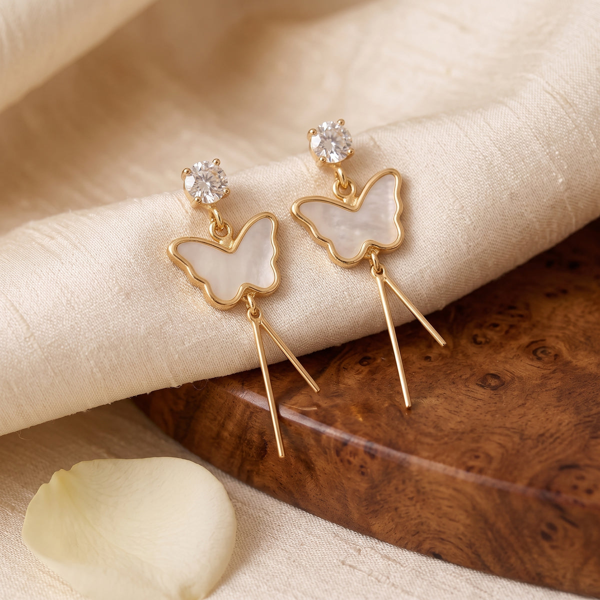 EL ARO Gold Shell Butterfly & CZ Solitaire Tassel Drop Earrings