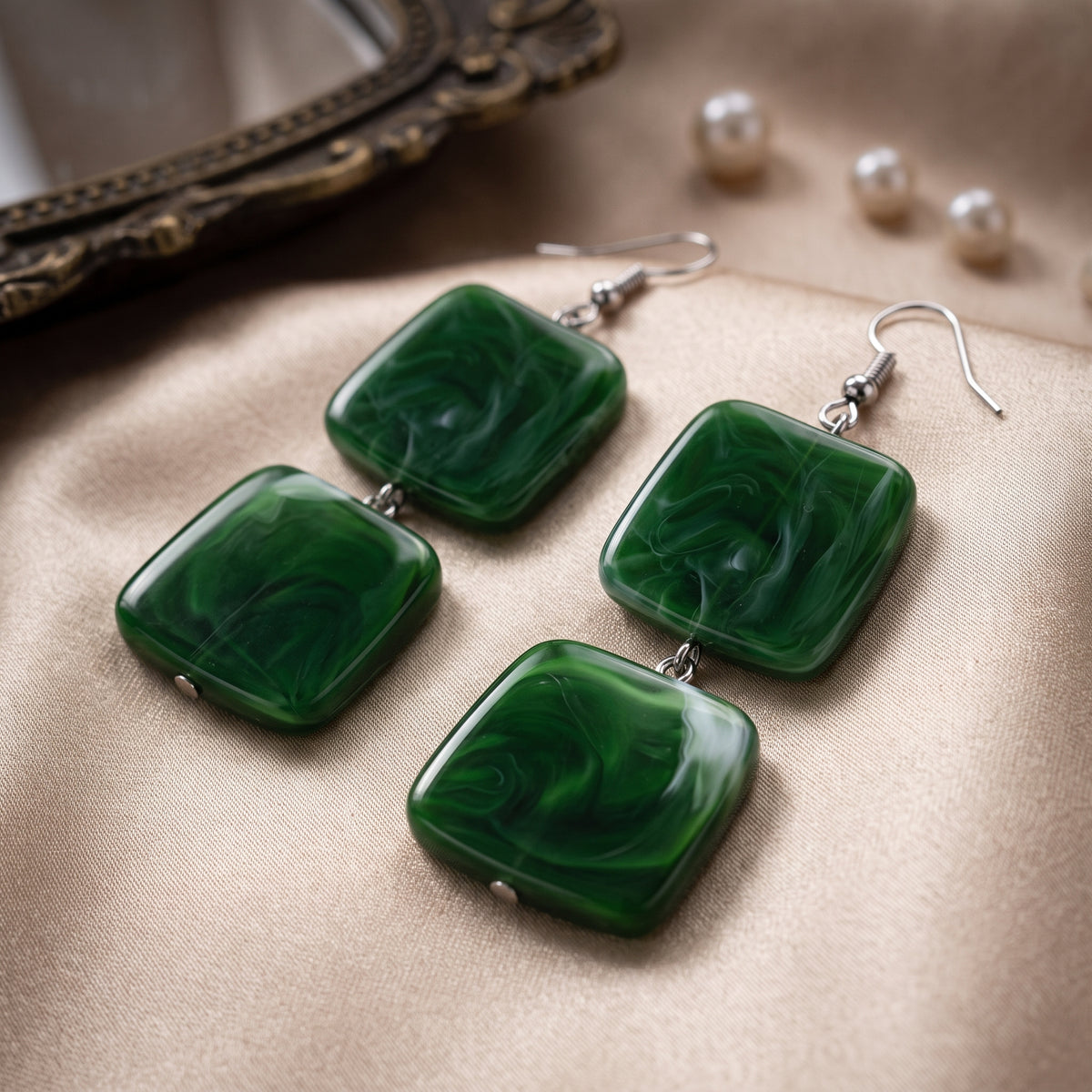 EL ARO Green Marble Resin Double Rectangle Drop Earrings