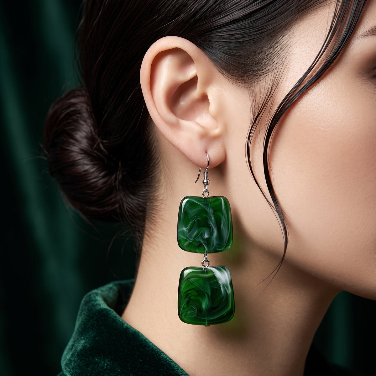 EL ARO Green Marble Resin Double Rectangle Drop Earrings