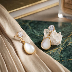 EL ARO Gold CZ Solitaire & Cream Enamel Teardrop Bali Earrings