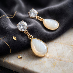 EL ARO Gold CZ Solitaire & Cream Enamel Teardrop Bali Earrings
