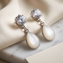 EL ARO Gold CZ Solitaire & Cream Enamel Teardrop Bali Earrings