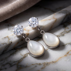 EL ARO Gold CZ Solitaire & Cream Enamel Teardrop Bali Earrings