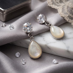 EL ARO Gold CZ Solitaire & Cream Enamel Teardrop Bali Earrings