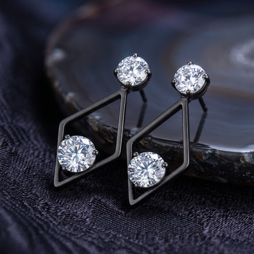 EL ARO Black Diamond Frame Double CZ Solitaire Drop Earrings