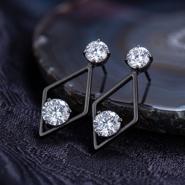 EL ARO Black Diamond Frame Double CZ Solitaire Drop Earrings