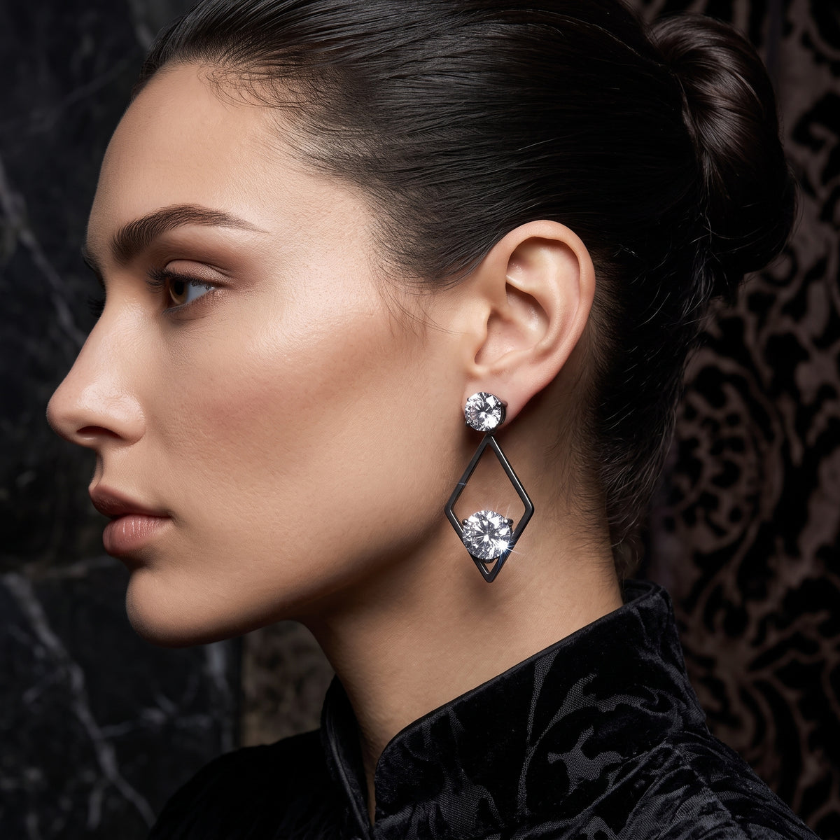 EL ARO Black Diamond Frame Double CZ Solitaire Drop Earrings