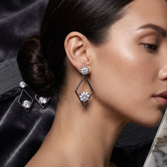 EL ARO Black Diamond Frame Double CZ Solitaire Drop Earrings