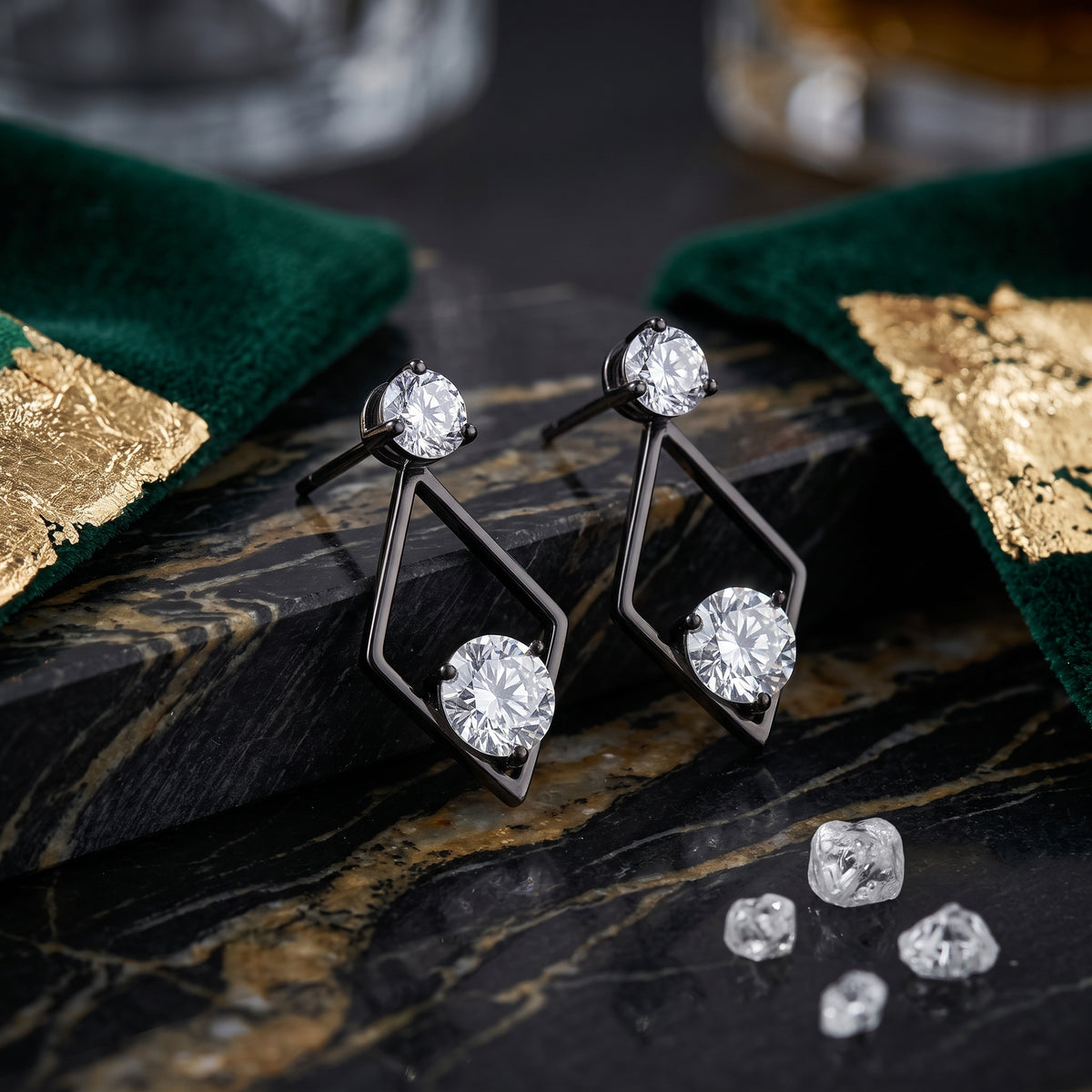 EL ARO Black Diamond Frame Double CZ Solitaire Drop Earrings