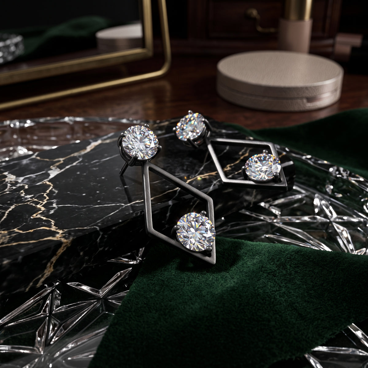 EL ARO Black Diamond Frame Double CZ Solitaire Drop Earrings