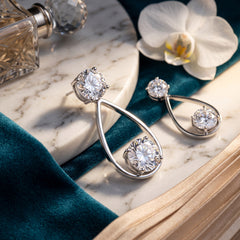 EL ARO Silver Open Teardrop Double CZ Solitaire Drop Earrings