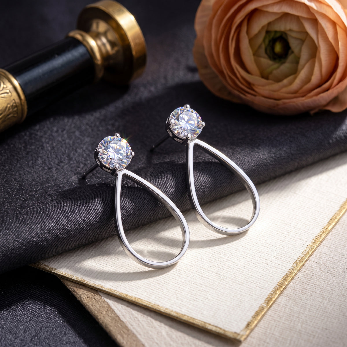 EL ARO Silver Open Teardrop Double CZ Solitaire Drop Earrings