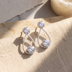 EL ARO Silver Open Teardrop Double CZ Solitaire Drop Earrings