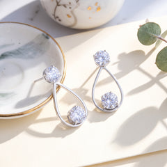 EL ARO Silver Open Teardrop Double CZ Solitaire Drop Earrings