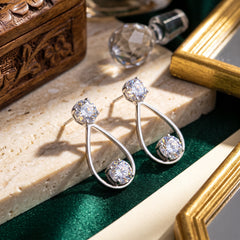 EL ARO Silver Open Teardrop Double CZ Solitaire Drop Earrings