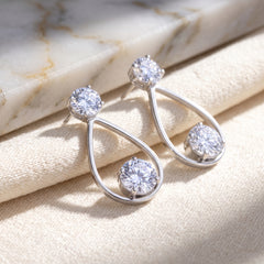 EL ARO Silver Open Teardrop Double CZ Solitaire Drop Earrings