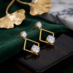 EL ARO Golden Open Diamond Frame Double CZ Solitaire Drop Earrings