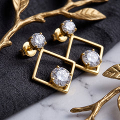 EL ARO Golden Open Diamond Frame Double CZ Solitaire Drop Earrings