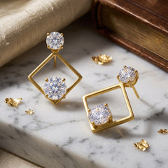 EL ARO Golden Open Diamond Frame Double CZ Solitaire Drop Earrings