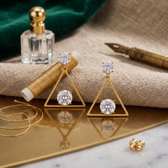 EL ARO Golden Open Diamond Frame Double CZ Solitaire Drop Earrings