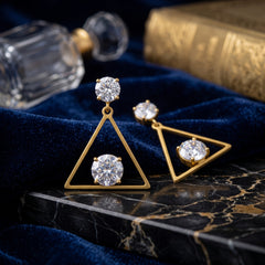EL ARO Golden Open Diamond Frame Double CZ Solitaire Drop Earrings