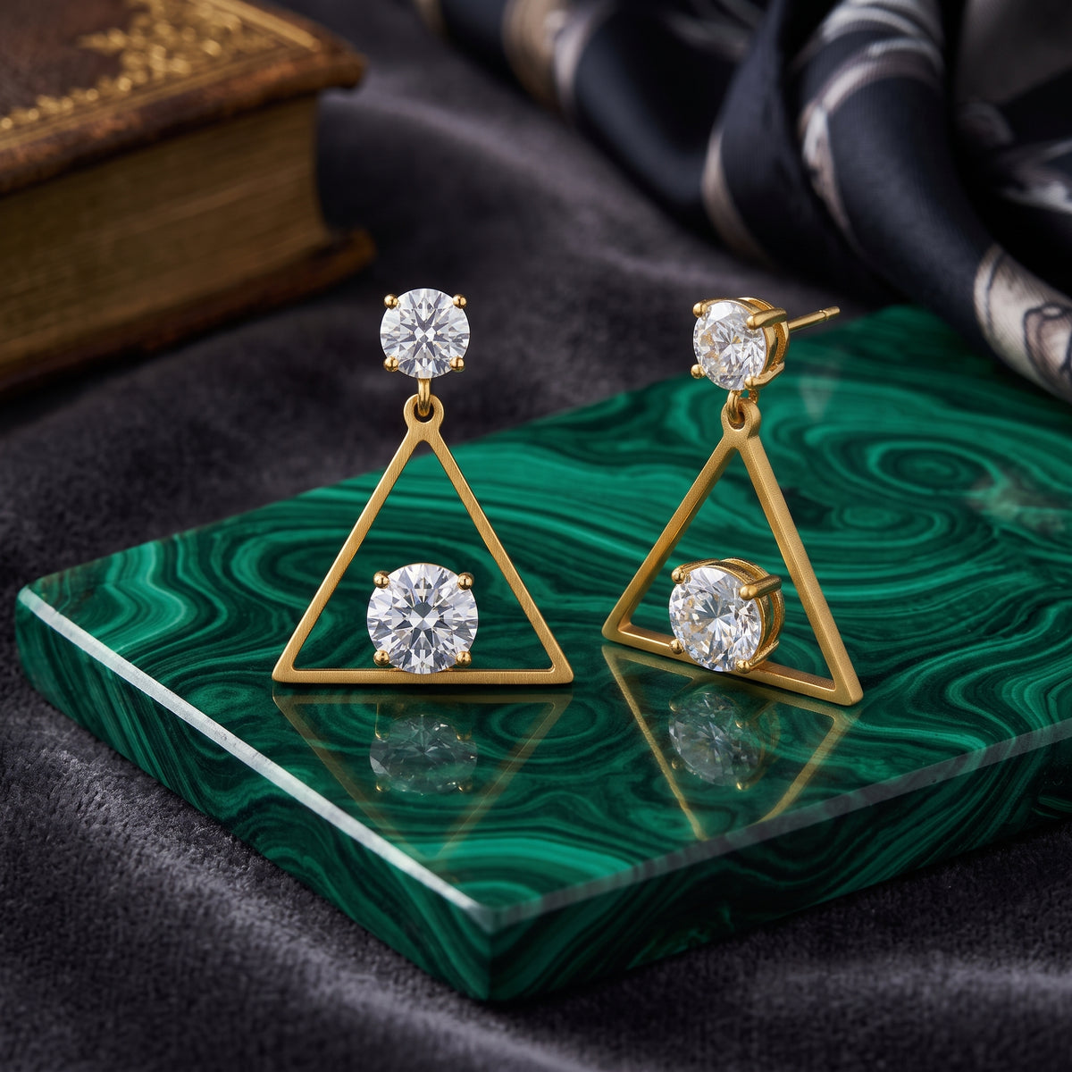 EL ARO Golden Open Diamond Frame Double CZ Solitaire Drop Earrings