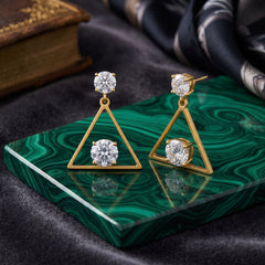 EL ARO Golden Open Diamond Frame Double CZ Solitaire Drop Earrings