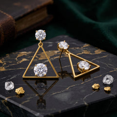EL ARO Golden Open Diamond Frame Double CZ Solitaire Drop Earrings