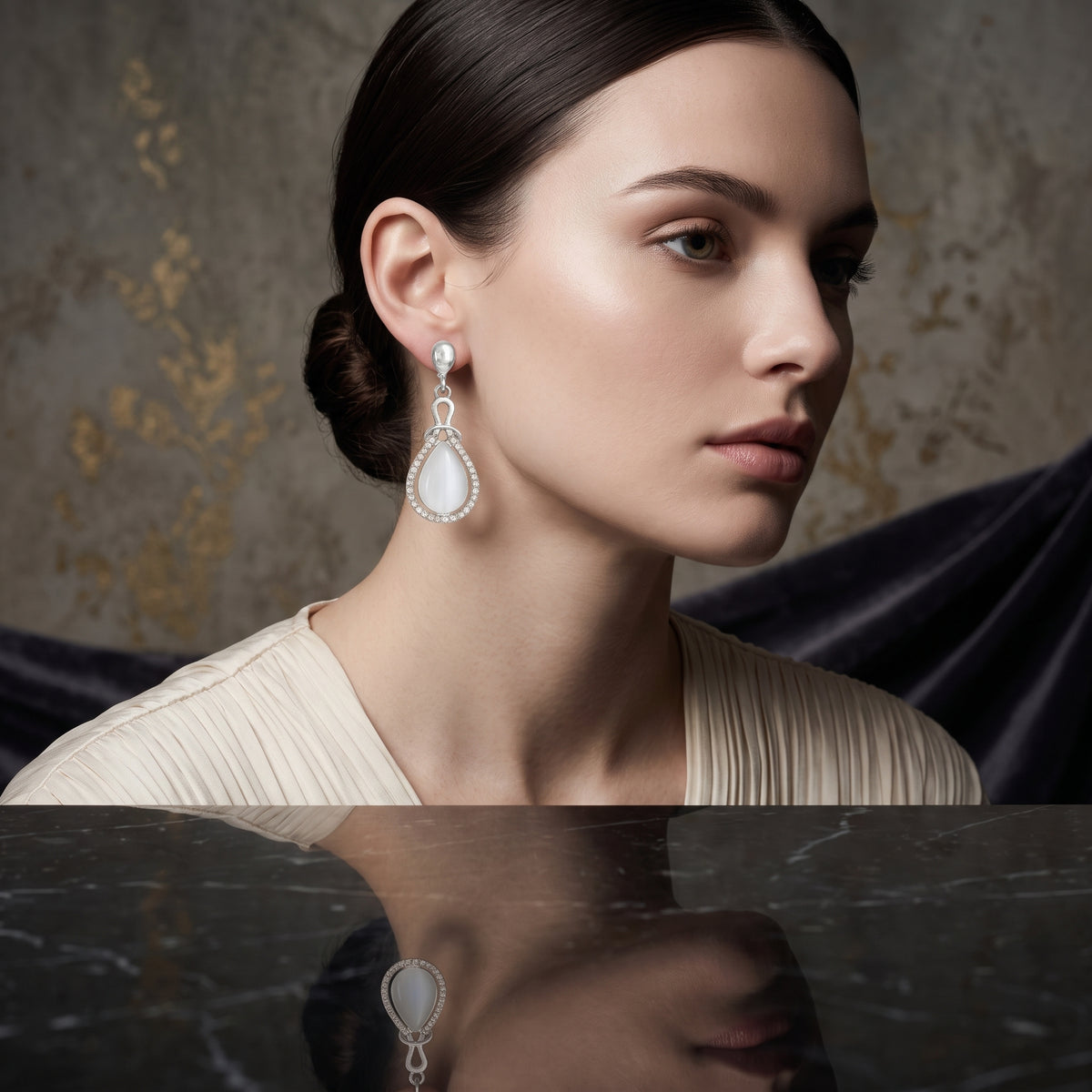 Elaro Silver Moonstone Teardrop Drop Earrings with CZ Halo