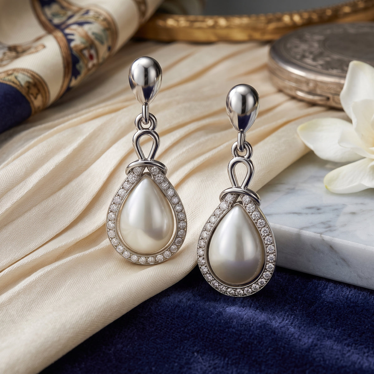 Elaro Silver Moonstone Teardrop Drop Earrings with CZ Halo
