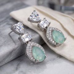 EL ARO Silver Aqua Chalcedony Teardrop Drop Earrings with CZ Trio