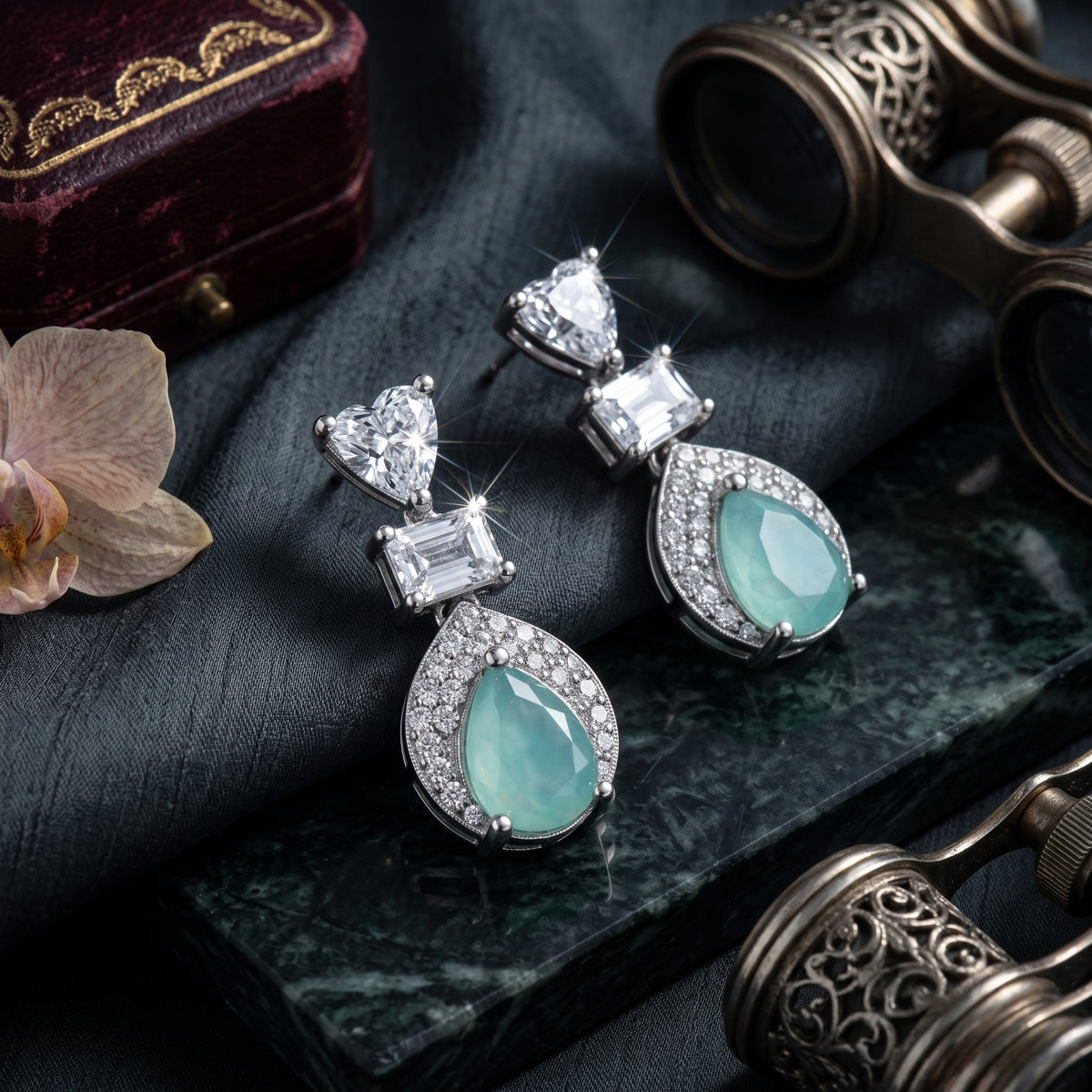 EL ARO Silver Aqua Chalcedony Teardrop Drop Earrings with CZ Trio