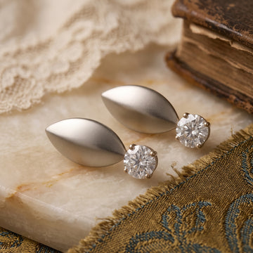 EL ARO Silver Leaf Petal Drop Earrings with CZ Solitaire