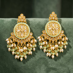 EL ARO Gold Kundan Chandbali Earrings with Mint Green Beads & Pearl Fringe