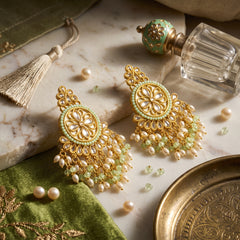 EL ARO Gold Kundan Chandbali Earrings with Mint Green Beads & Pearl Fringe