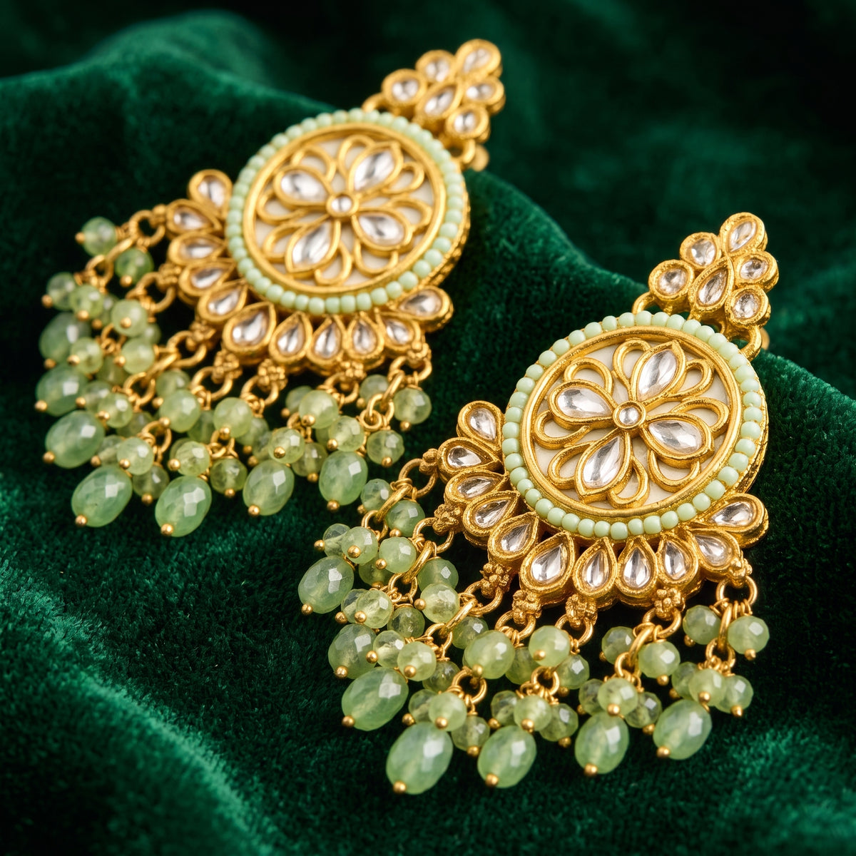 EL ARO Gold Kundan Chandbali Earrings with Mint Green Beads & Pearl Fringe