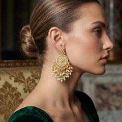 EL ARO Gold Kundan Chandbali Earrings with Mint Green Beads & Pearl Fringe