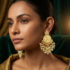 EL ARO Gold Kundan Chandbali Earrings with Mint Green Beads & Pearl Fringe