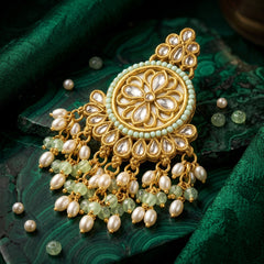 EL ARO Gold Kundan Chandbali Earrings with Mint Green Beads & Pearl Fringe