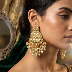 EL ARO Gold Kundan Chandbali Earrings with Mint Green Beads & Pearl Fringe
