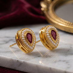 EL ARO Imperial Ruby Tear-Cut Studs Infused with Fine Seed Pearls