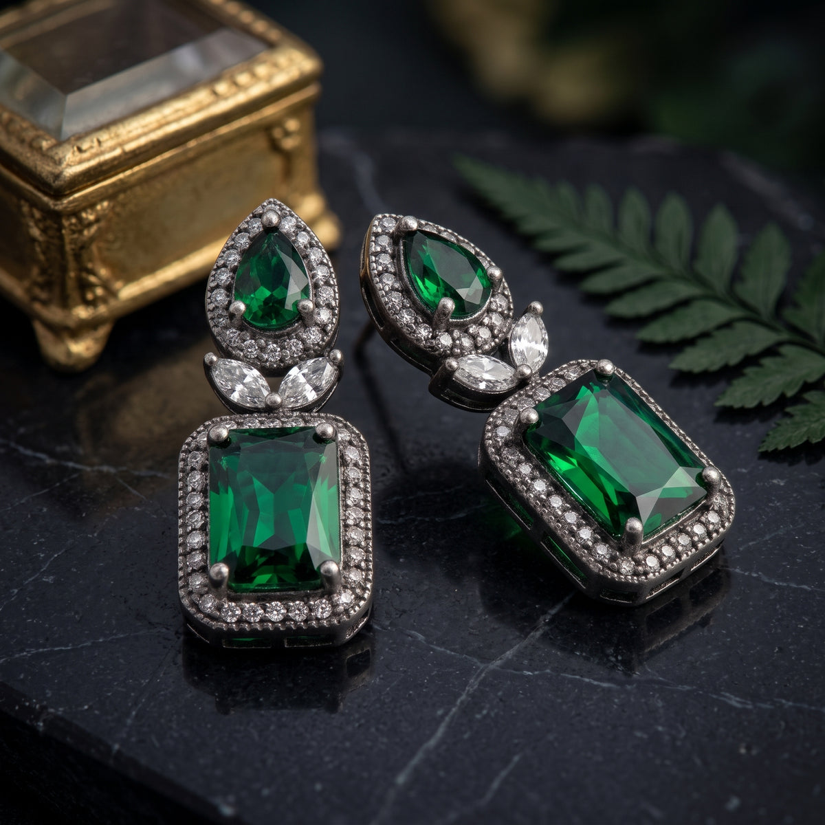 Elaro Silver Emerald Green Emerald-Cut CZ Drop Earrings with Pear Stud