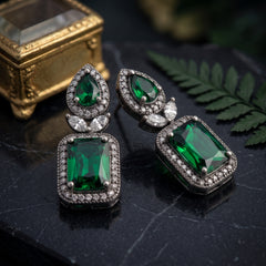Elaro Silver Emerald Green Emerald-Cut CZ Drop Earrings with Pear Stud