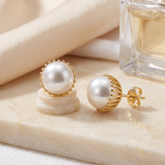 EL ARO Oversized Pearl Button Stud Earrings with Gold Bead Halo