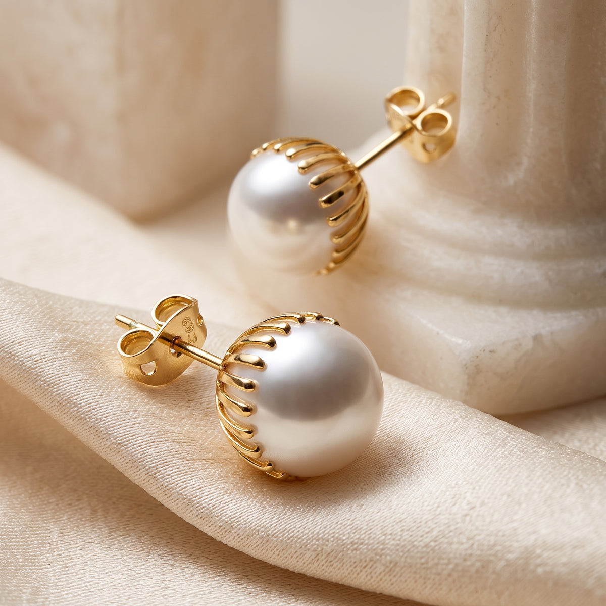 EL ARO Oversized Pearl Button Stud Earrings with Gold Bead Halo