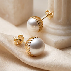 EL ARO Oversized Pearl Button Stud Earrings with Gold Bead Halo